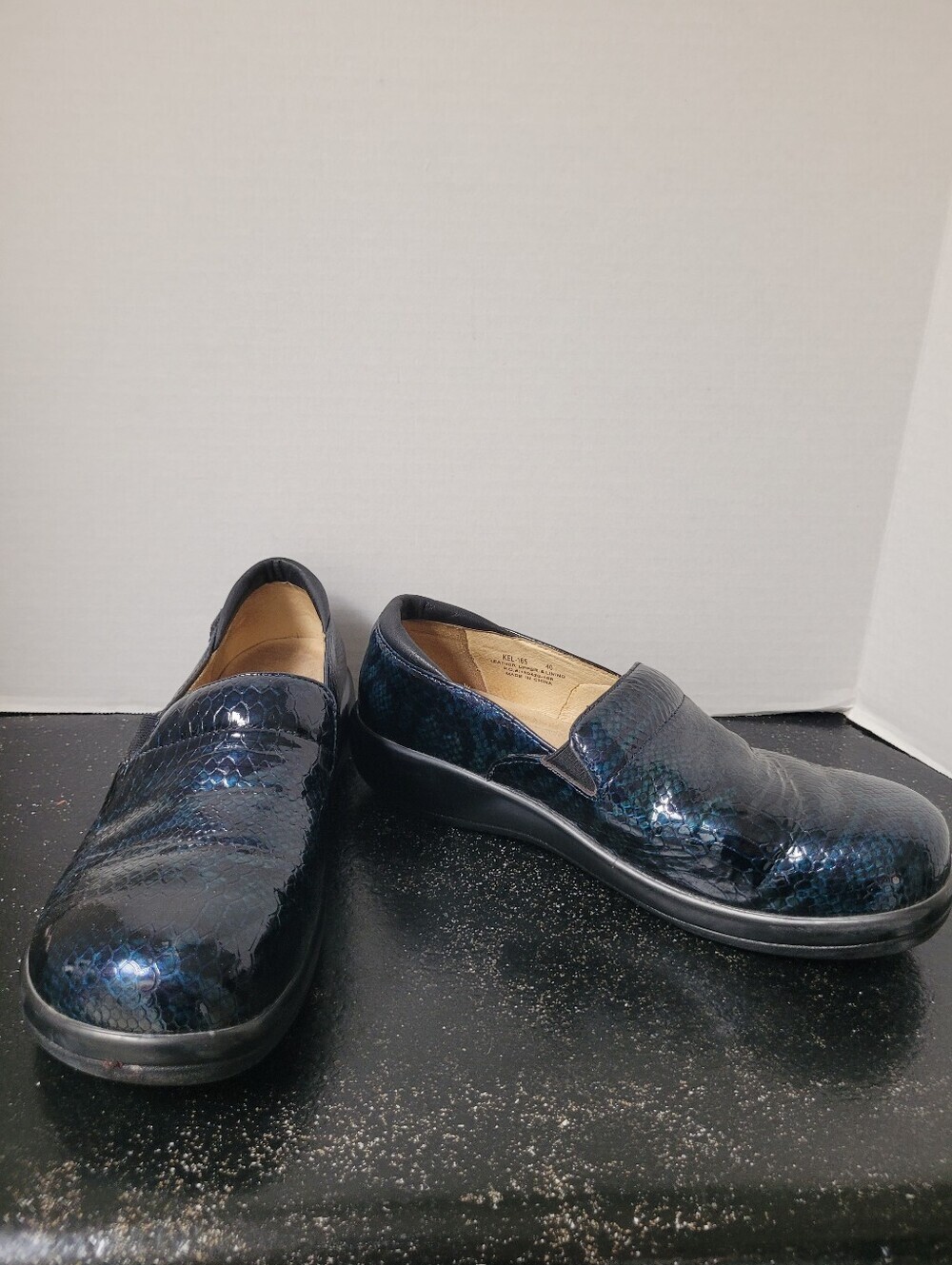 Alegria Keli Blue Snakeskin Embossed Leather Clogs